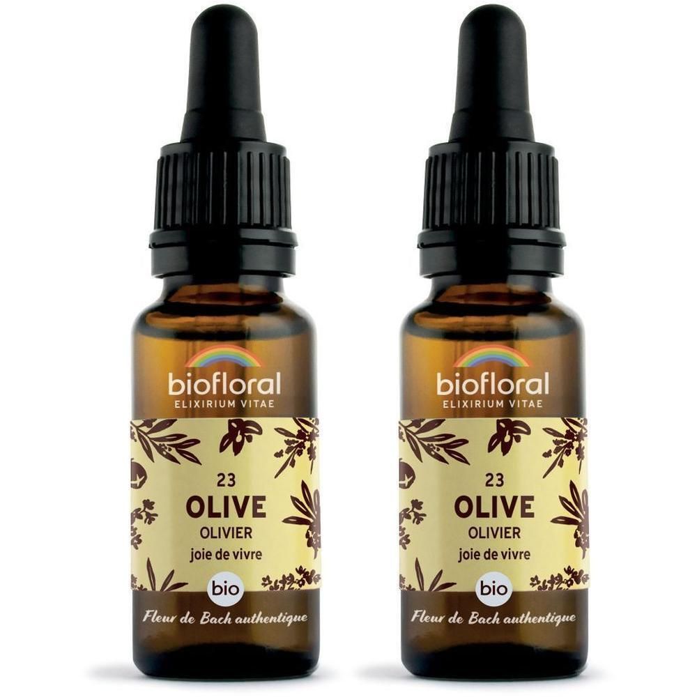 Twee glazen flesjes met druppelaar, gevuld met BIOFLORAL 23 Olive.