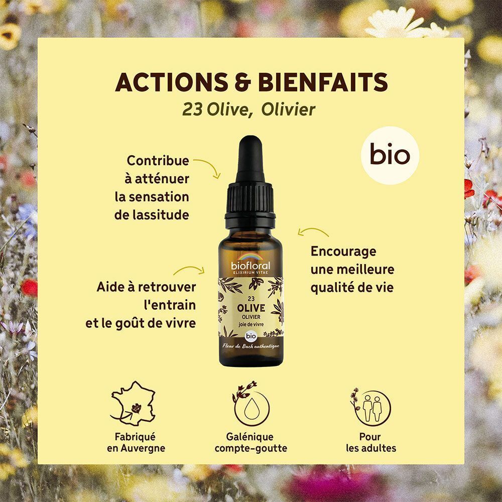 Flacon BIOFLORAL 23 Olive avec pipette, entouré de textes et symboles sur ses effets et son origine.