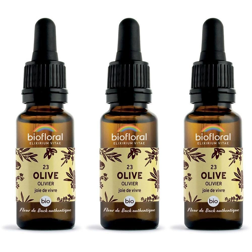Trois flacons en verre brun avec compte-gouttes, étiquette 'biofloral 23 OLIVE OLIVIER'.