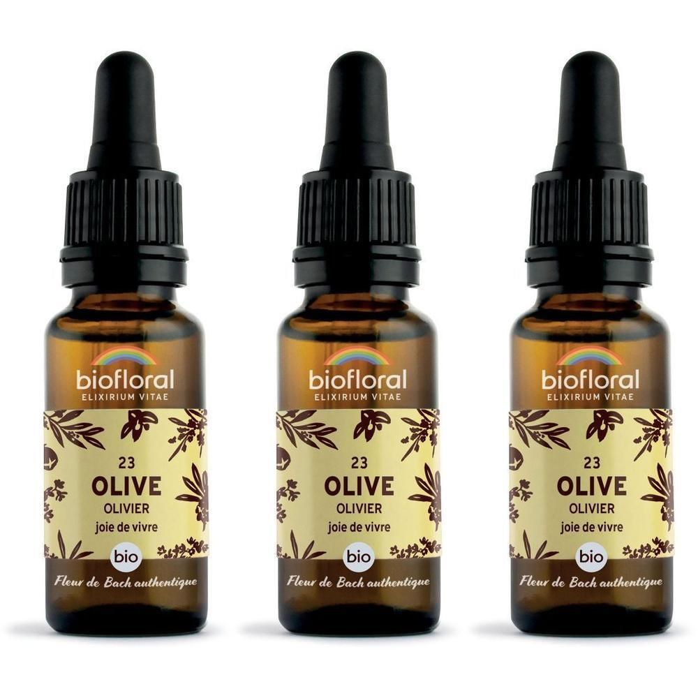 Drie bruine glazen flesjes met druppeldop, etiket 'biofloral 23 OLIVE OLIVIER'.
