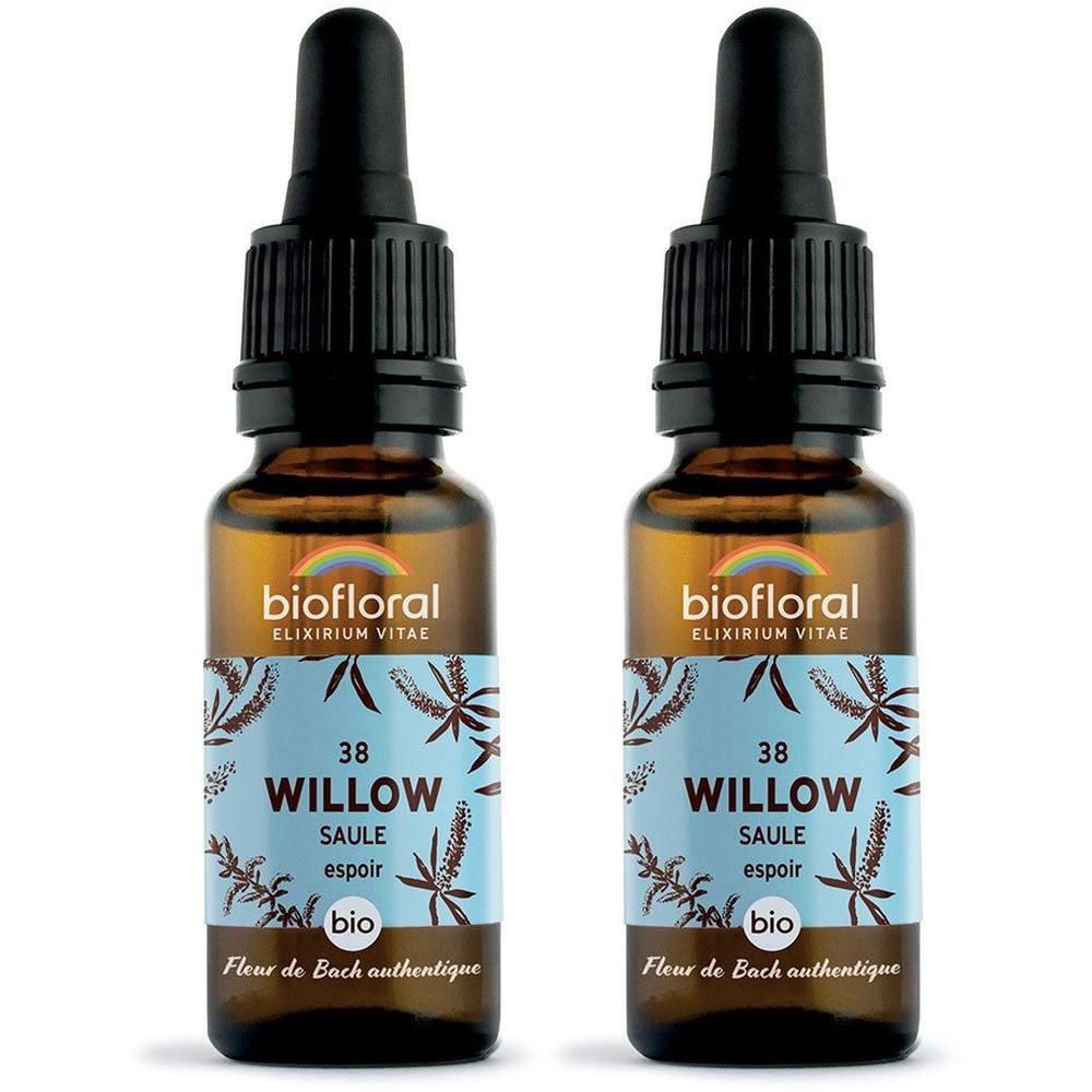 Deux flacons compte-gouttes Biofloral 38 Willow avec bouchon pipette.