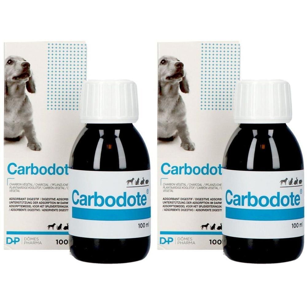 Twee flessen Carbodote met witte dop en etiket, 100ml. Doos met hondenafbeelding.