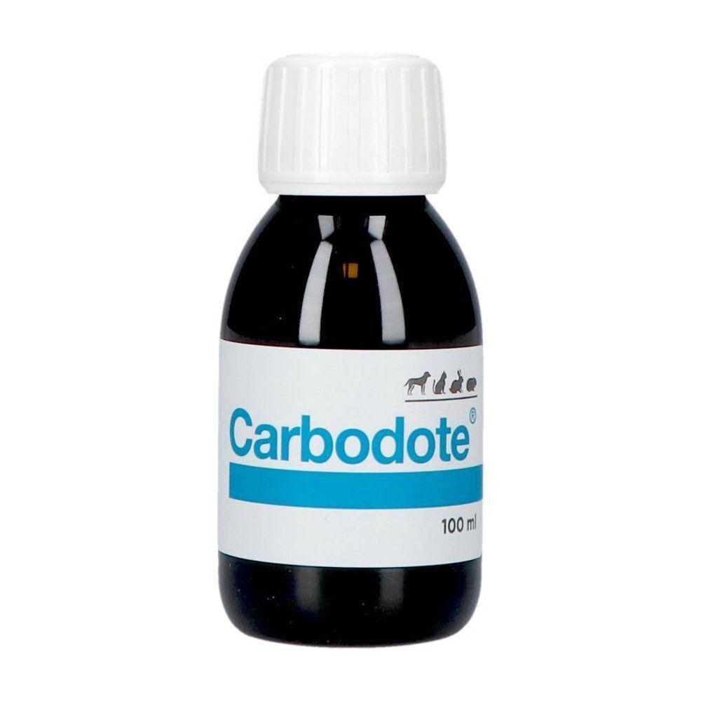 Een fles Carbodote met witte dop en etiket, 100 ml.