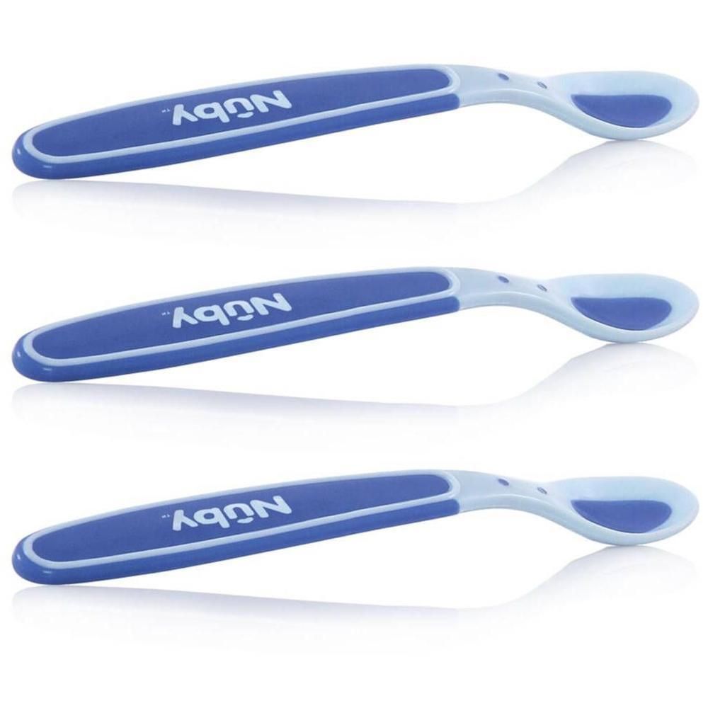 Drie blauwe Nuby lepels met witte rand en handvat.