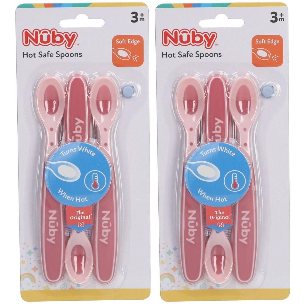 Deux paquets de cuillères roses Nuby qui virent au blanc quand elles sont chaudes. Dès 3 mois.