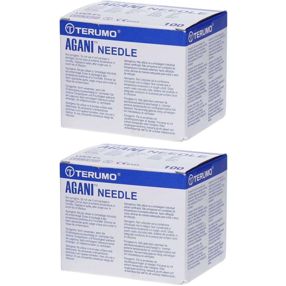 Twee pakken Terumo Agani™ naalden, 20g Ø 0.9mm - 38mm. Kartonnen verpakking met productinformatie.