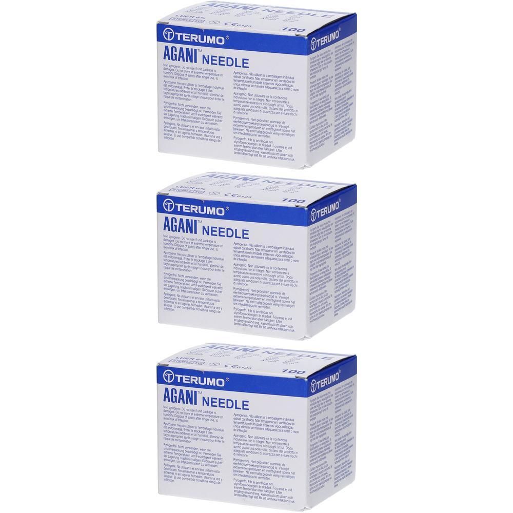 Trois boîtes de Terumo Agani Needle, 20g Ø 0.9mm - 38mm. Texte en français et anglais.