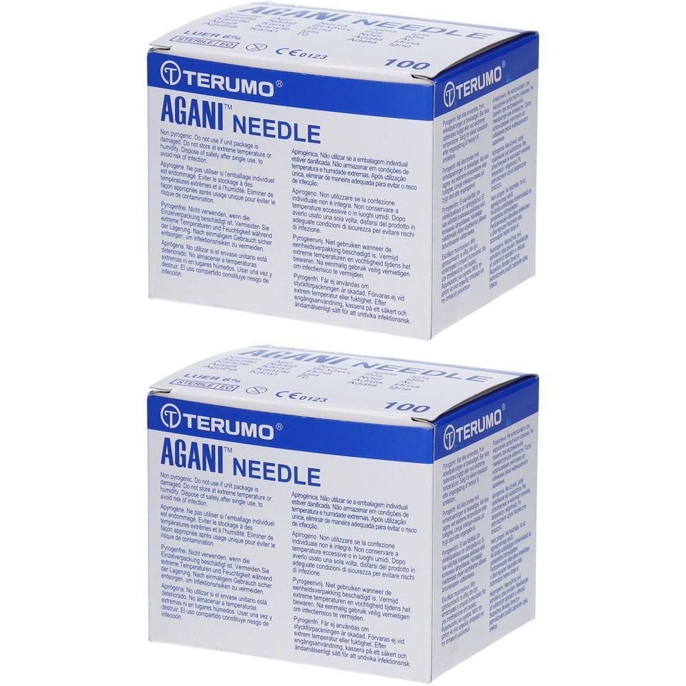 Twee pakken Terumo Agani™ Naalden, 21g Ø 0.8mm - 25mm. Kartonnen verpakking met productinformatie.