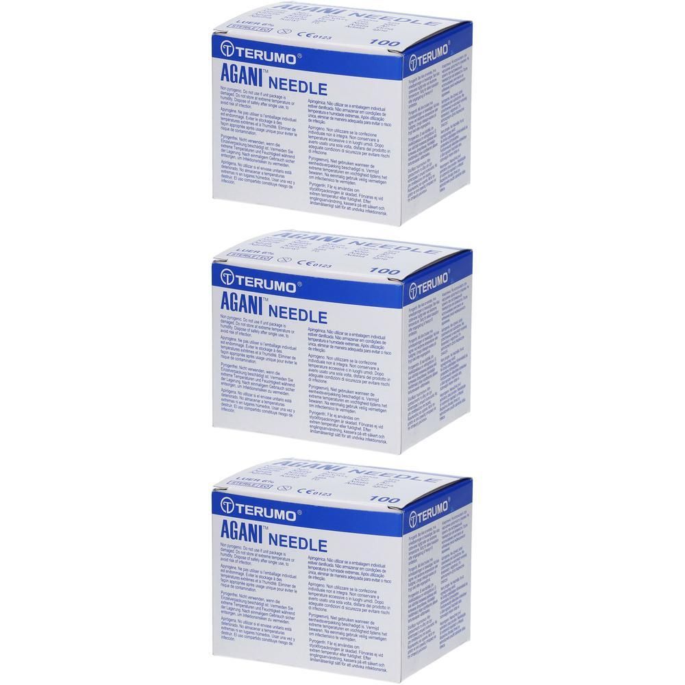 Trois boîtes de Aiguilles Terumo Agani™ 21g Ø 0.8mm - 25mm. Boîtes avec informations produit et marquage CE.