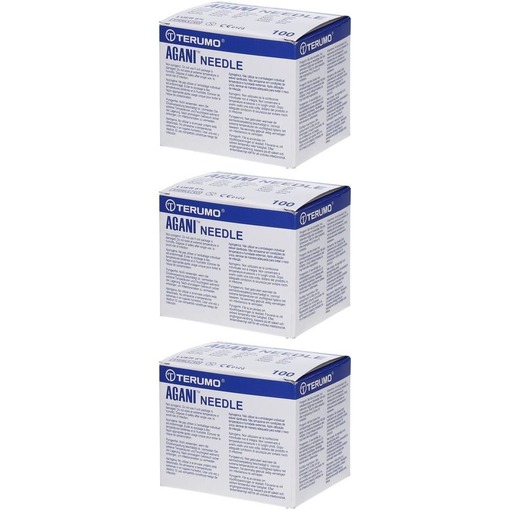 Drie verpakkingen Terumo Agani™ naalden, 22g Ø 0.7mm - 32mm. Dozen met productinformatie.