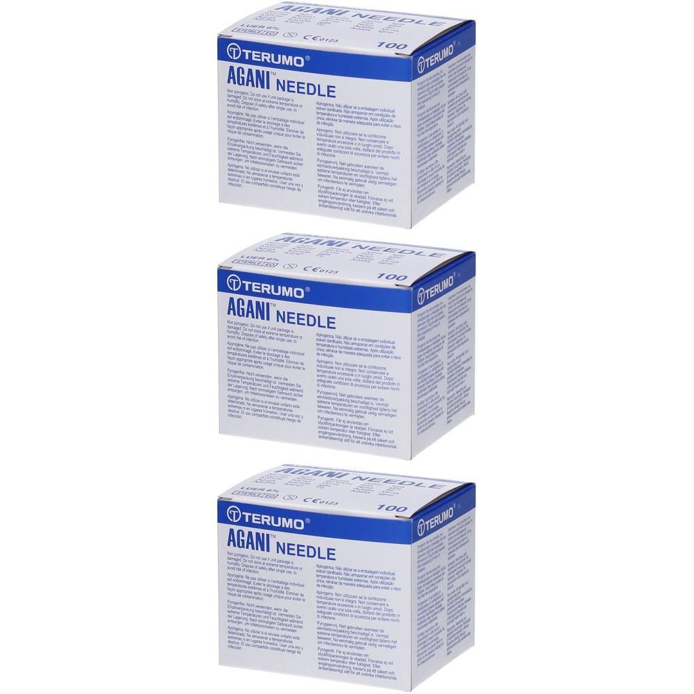 Trois boîtes d'aiguilles Terumo Agani™, 25g Ø 0.5mm - 16mm. Boîtes blanches avec inscription bleue.