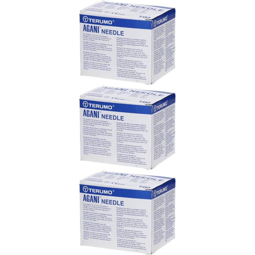 Trois boîtes d'aiguilles Terumo Agani™, 26g Ø 0.45mm - 23mm. Texte en français et anglais.