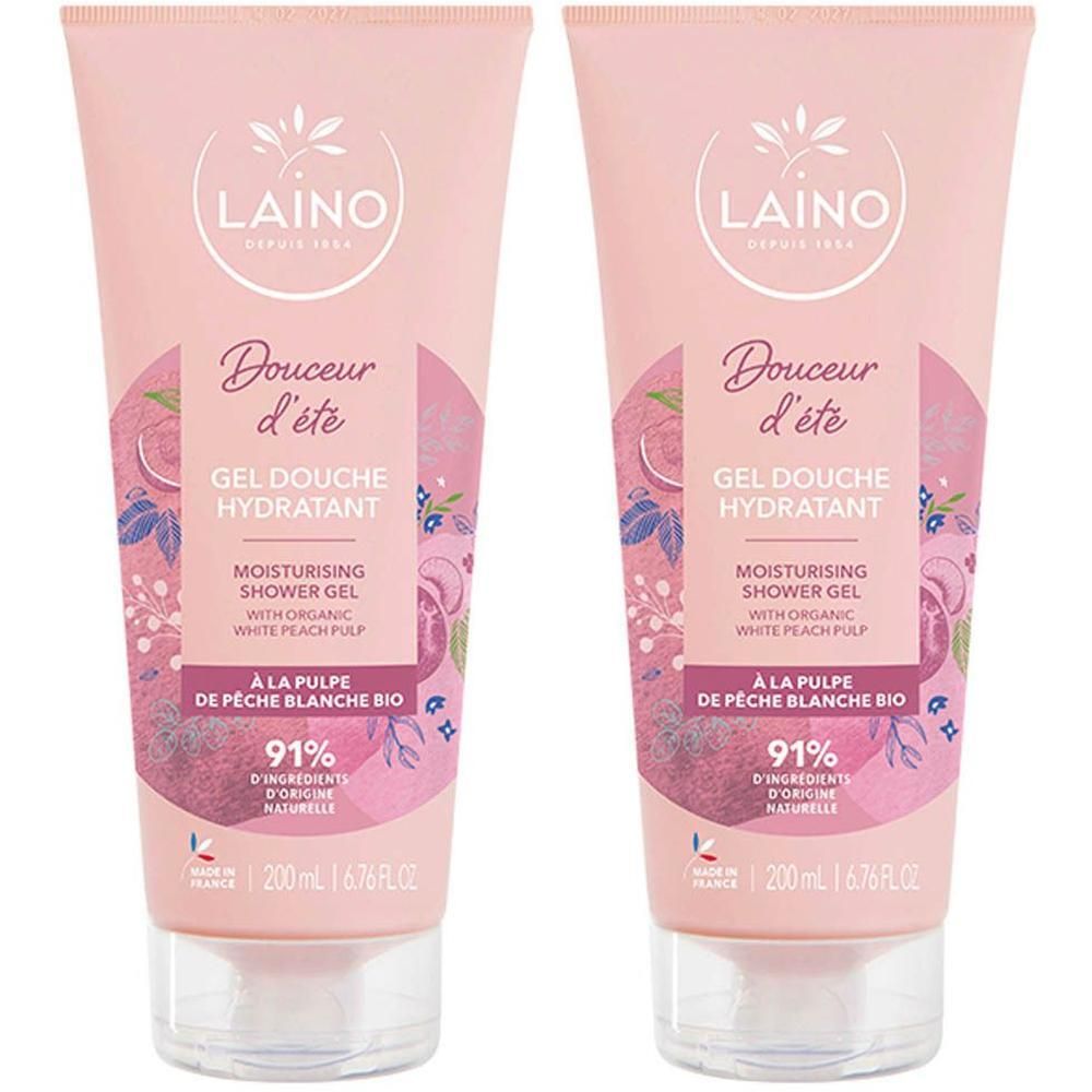 Twee roze tubes Laino Hydraterende Douchegel met witte perzikpulp.