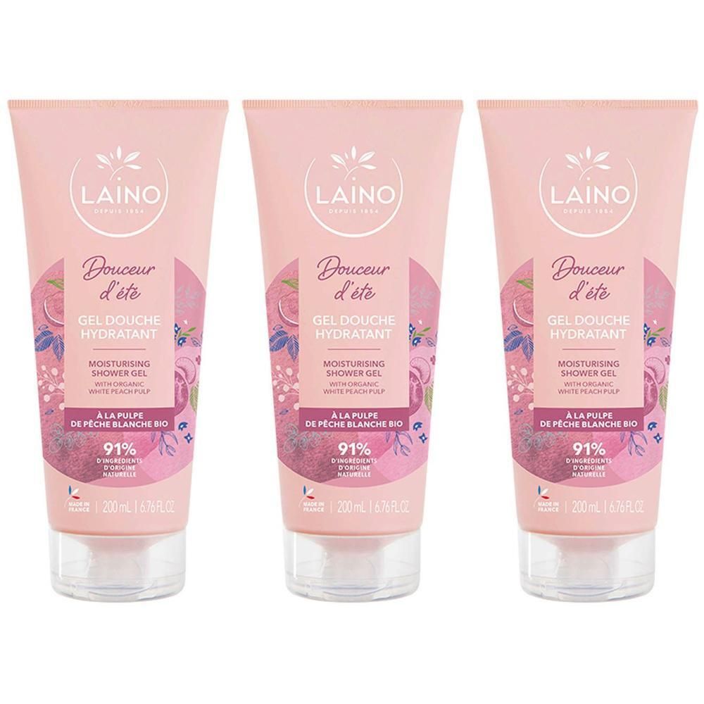 Drie roze tubes Laino Hydraterende Douchegel met biologische witte perzikpulp.