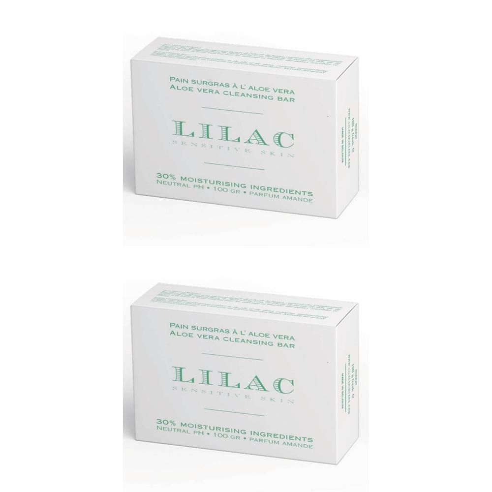 Twee Lilac Aloë Vera reinigingsblokken in doos. 30% hydraterende ingrediënten.