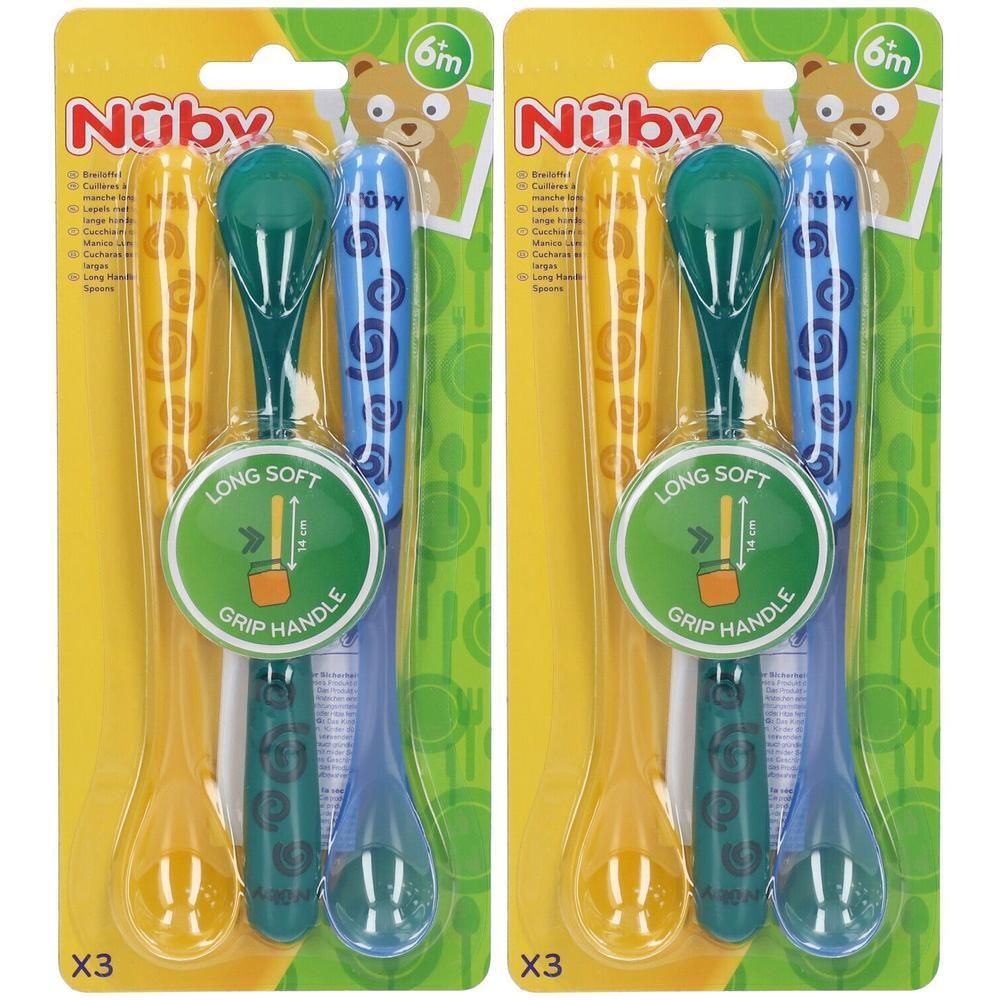 Deux cuillères Nuby à long manche souple, 6m+.