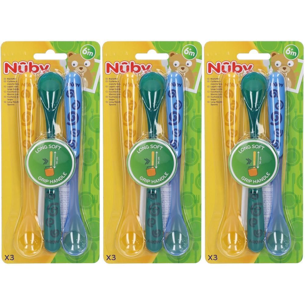 Set de 3 cuillères Nuby à long manche. Pointe souple, pour bébés dès 6 mois.