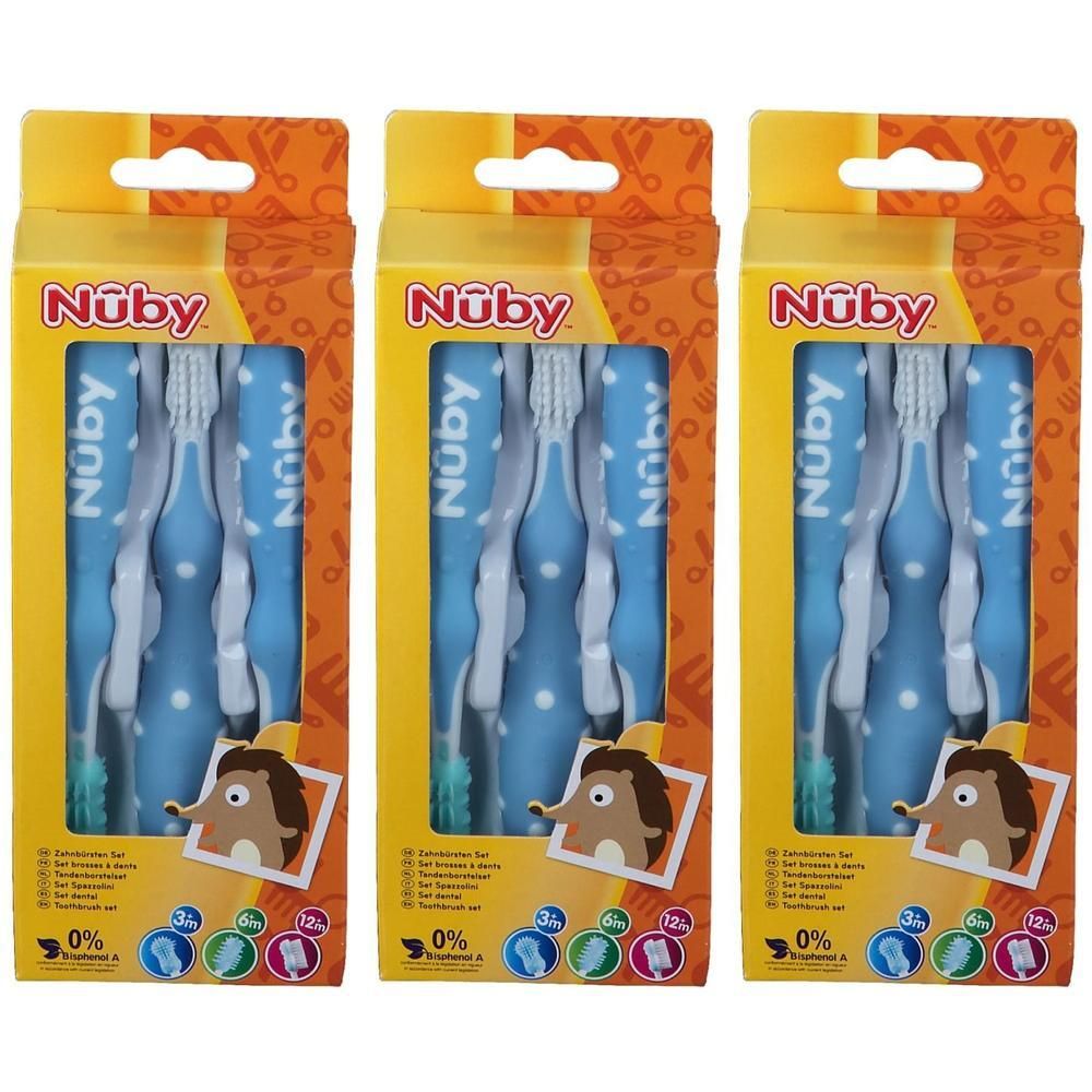 Nuby tandenborstelset, 3 stuks. Blauwe borstels met witte stippen, egelafbeelding.