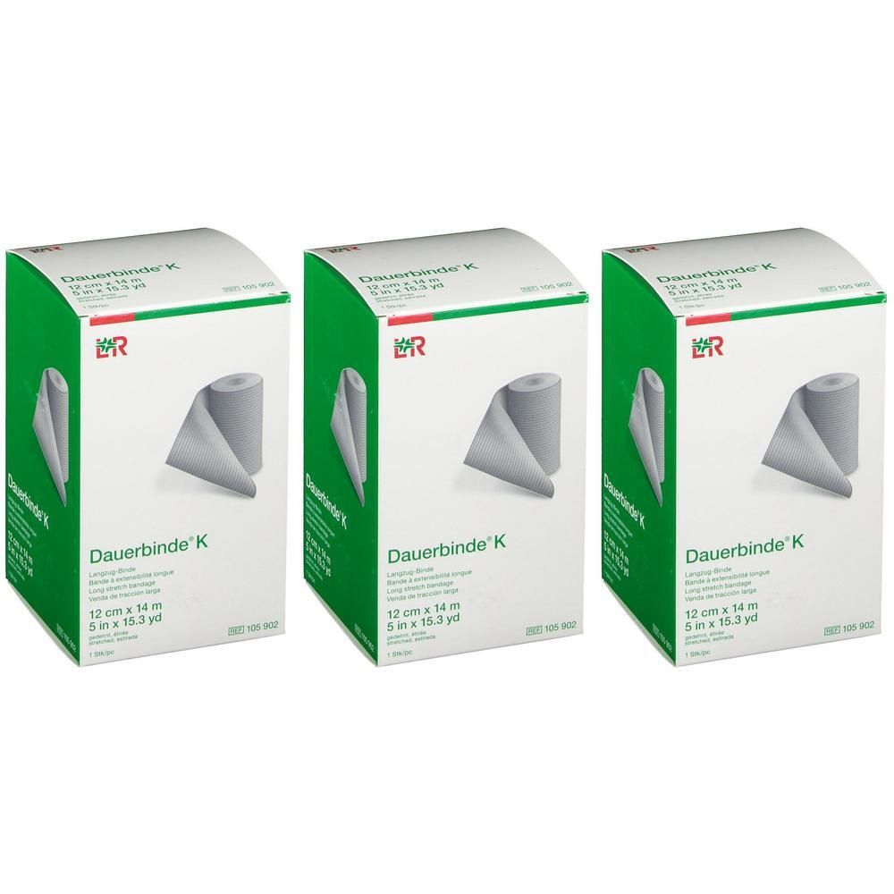 Drie pakken Dauerbinde K verband. Grijs, 12 cm x 14 m.