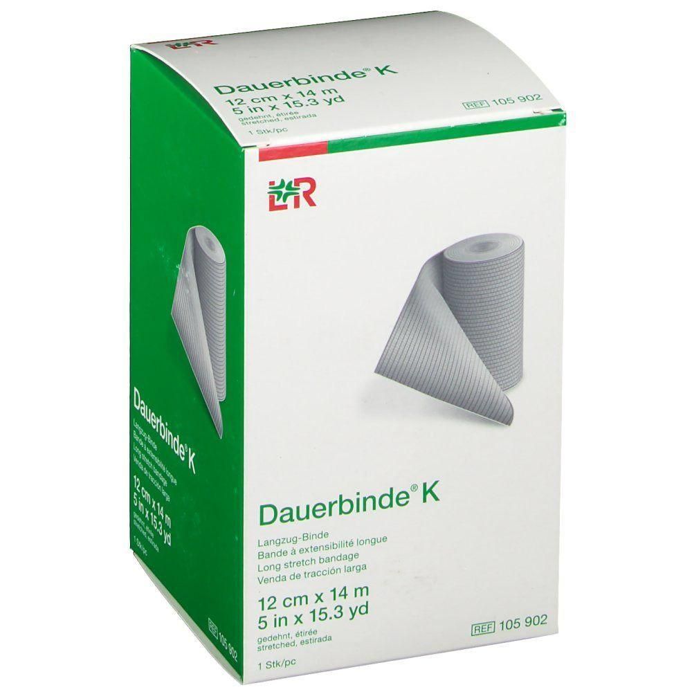 Verpakking van Dauerbinde K, 12 cm x 14 m, met een opgerolde grijze bandage.