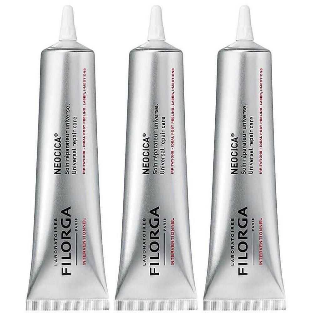 Drie zilverkleurige tubes met Filorga NEOCICA Universal Repair Care.