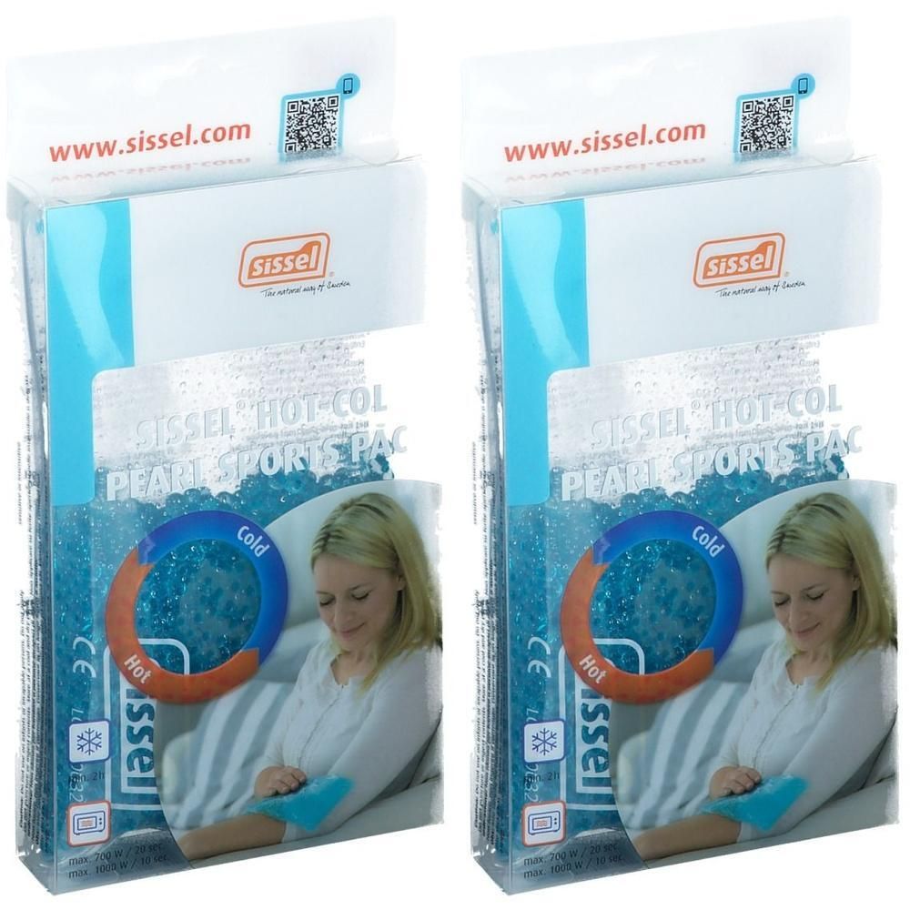 Twee Sissel Hot-Cold Pearl Sports Packs in verpakking. Toont een vrouw met een pack op haar arm.