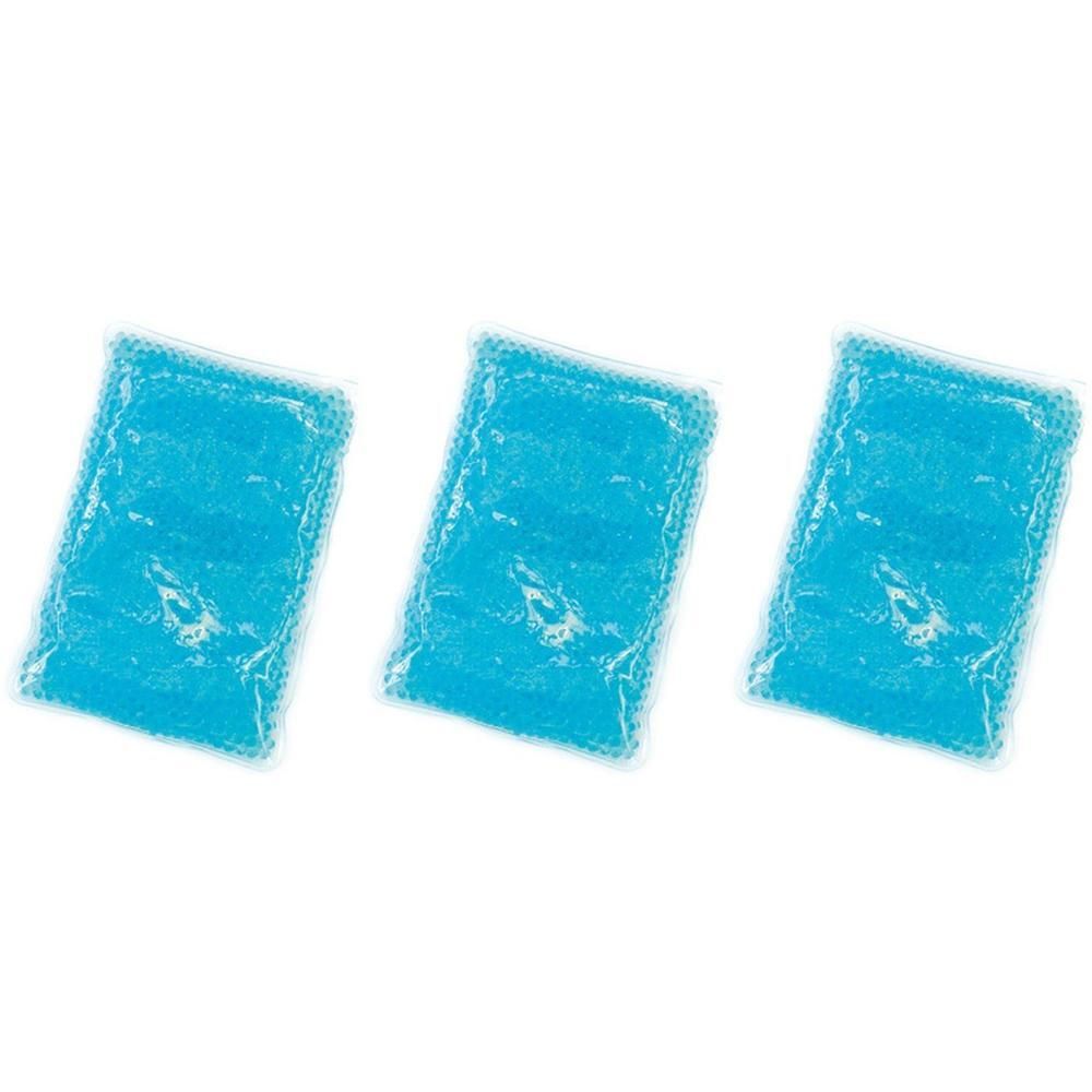 Drie blauwe coldpacks met parelvulling, individueel verpakt.