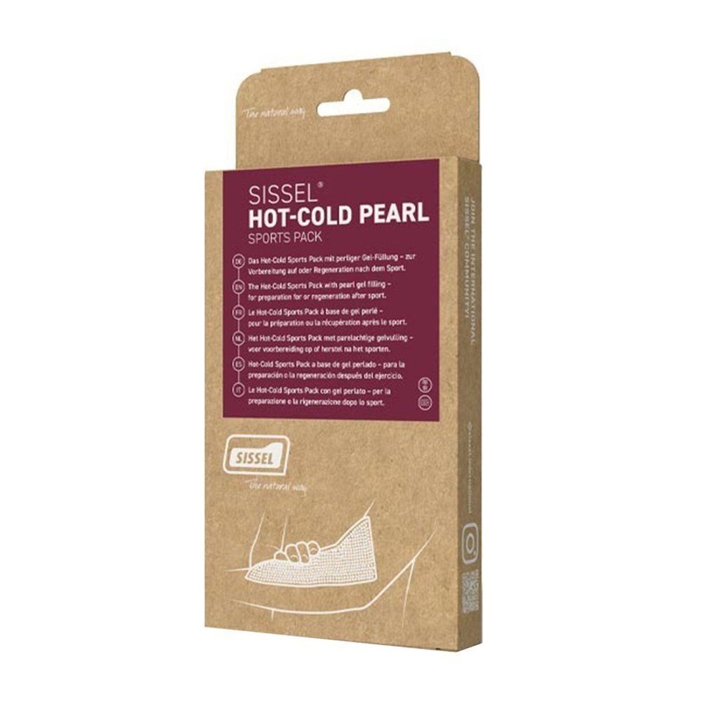 Verpakking van de Sissel Hot-Cold Pearl Sports Pack met productinformatie en afbeelding van een toepassing.