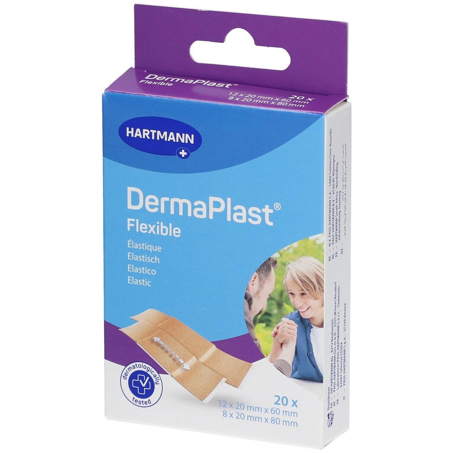Boîte de pansements Hartmann DermaPlast Flexible, 20 pièces en deux tailles.