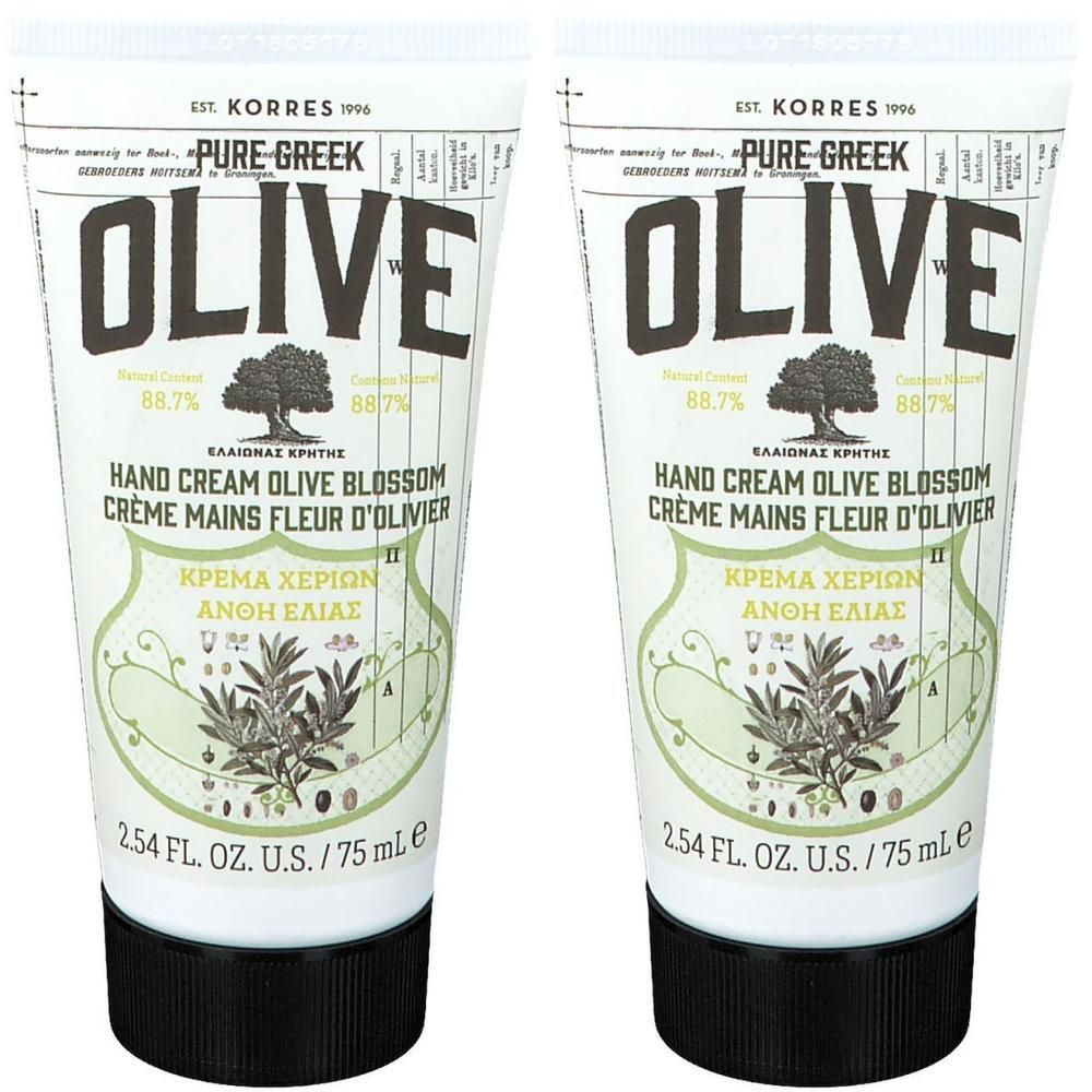 Twee tubes Korres Handcrème Olive Blossom, elk 75 ml.
