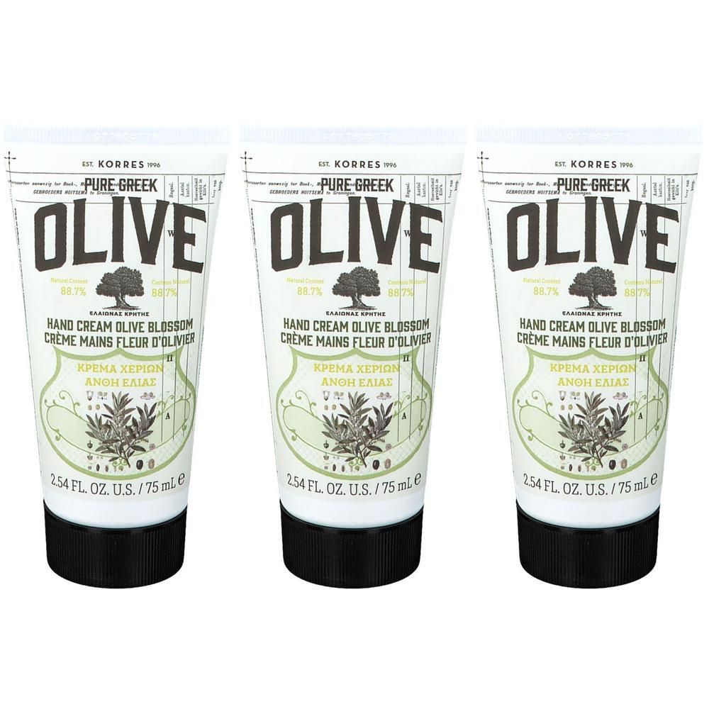Drie tubes Korres Hand Cream Olive Blossom met zwarte dop.