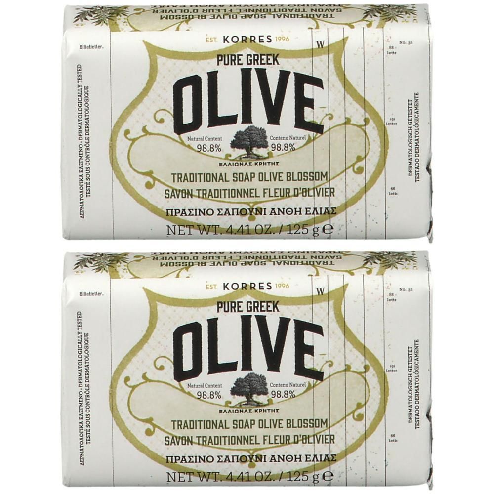 Deux paquets de savon Korres à l'huile d'olive, parfum Fleur d'Olivier, 125g chacun.