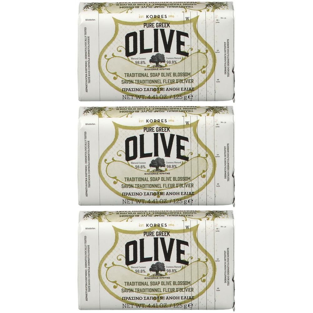 Trois paquets de savon Korres à l'huile d'olive, parfum fleur d'olivier. Chaque 125g.