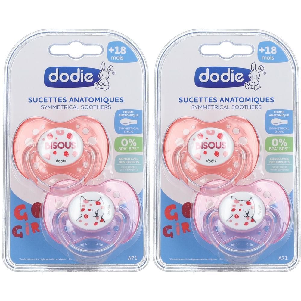 Twee Dodie anatomische siliconen fopspenen voor 18+ maanden. Eén roze, één paars.