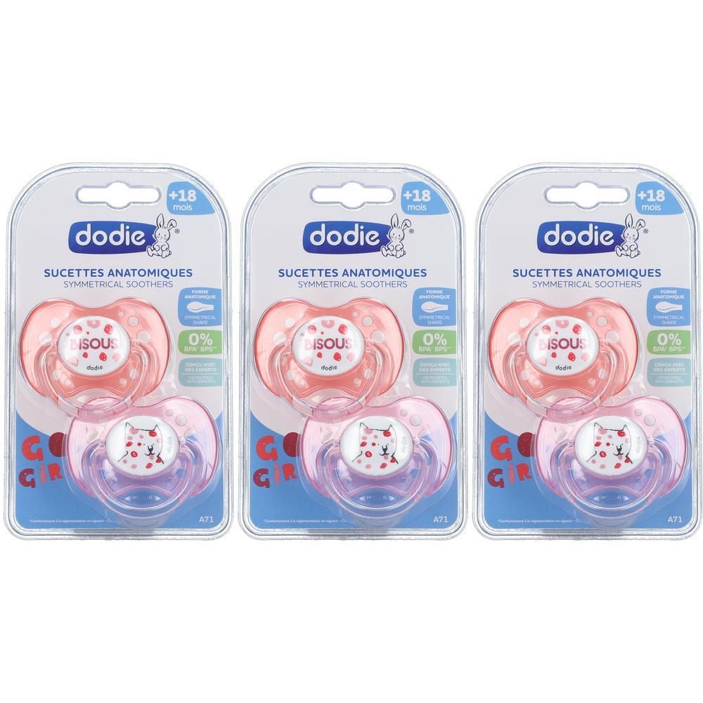 Drie pakken van twee Dodie siliconen speentjes voor meisjes, 18+ maanden. Roze en paars.