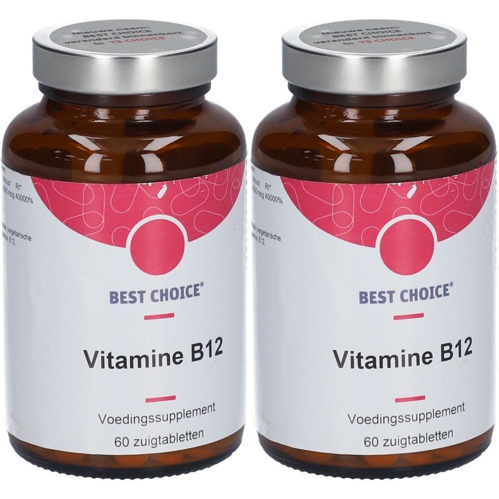 Deux flacons de Best Choice Vitamine B12, supplément alimentaire, 60 comprimés à sucer par flacon.