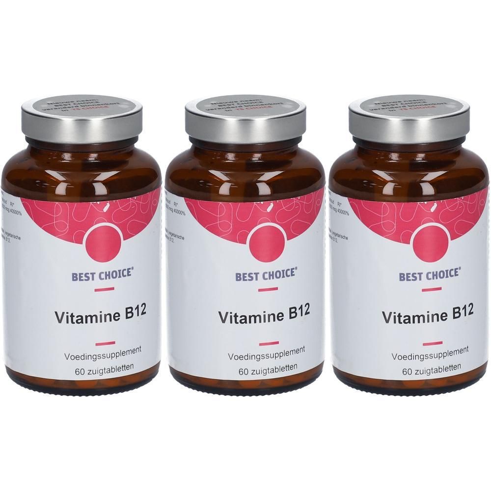 Trois flacons de Best Choice Vitamine B12, 60 comprimés à sucer par flacon.