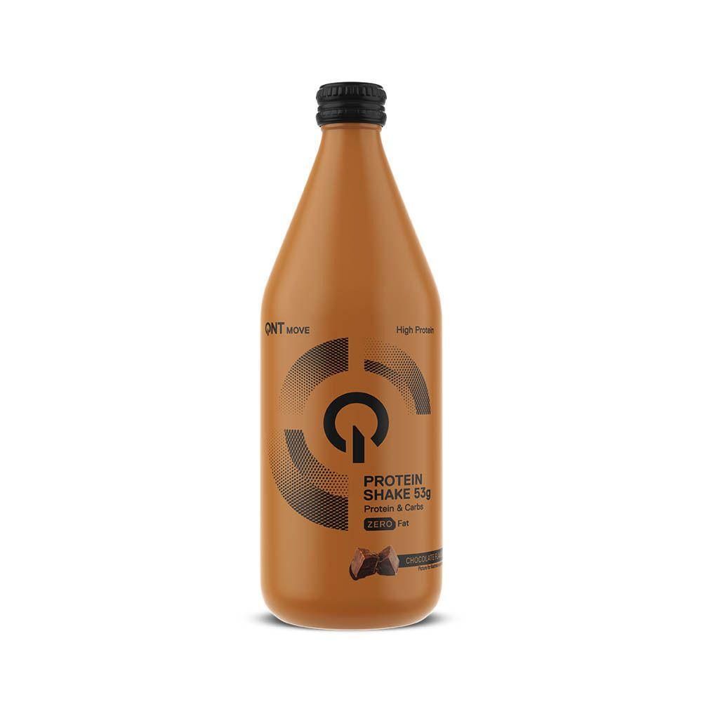 Bouteille en verre marron avec inscription QNT Protein Shake, 53g de protéines, saveur chocolat.