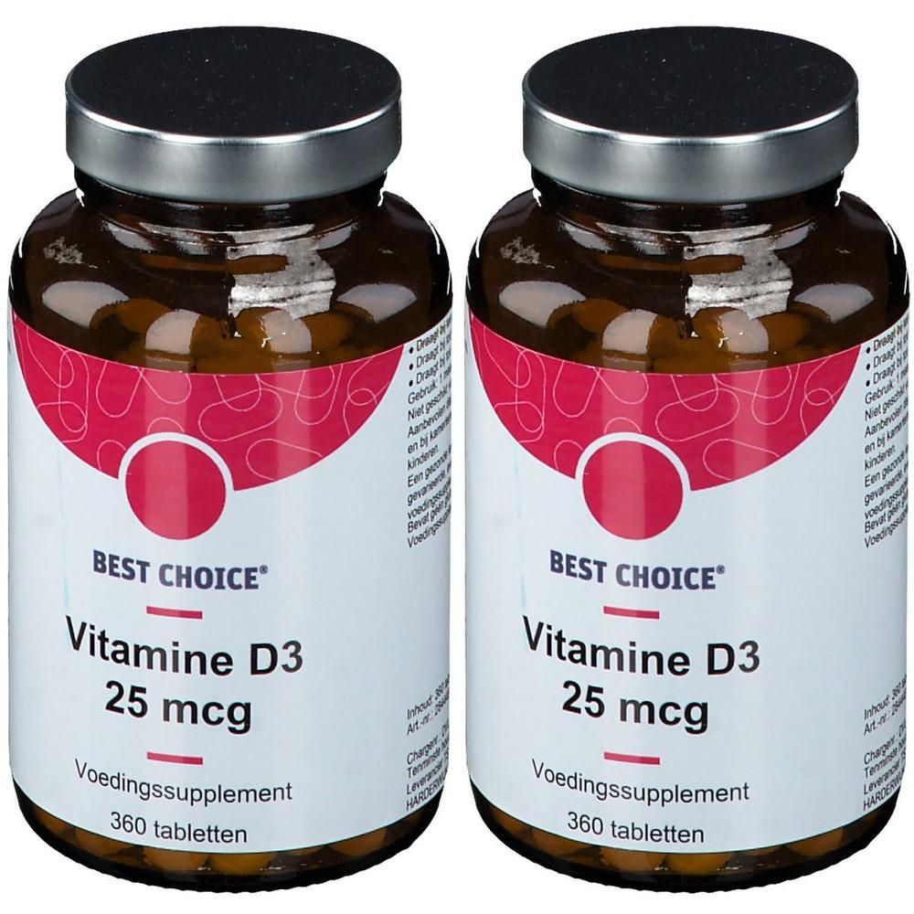 Deux flacons de Best Choice Vitamine D3 25 mcg, complément alimentaire, 360 comprimés par flacon.