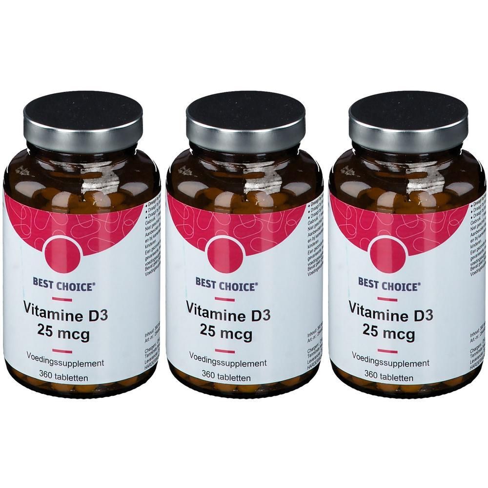 Drie flessen Best Choice Vitamine D3 25 mcg voedingssupplement, 360 tabletten per fles.