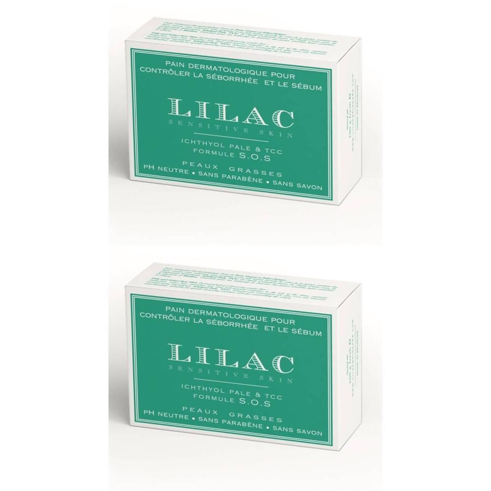 Twee Lilac Sebum Control S.O.S. dermatologische zeepblokken in groene verpakking.