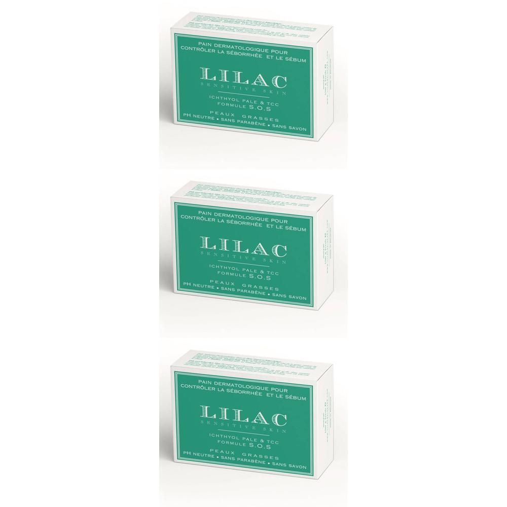 Drie Lilac Sebum Control S.O.S. dermatologische zepen in witte en groene verpakking.