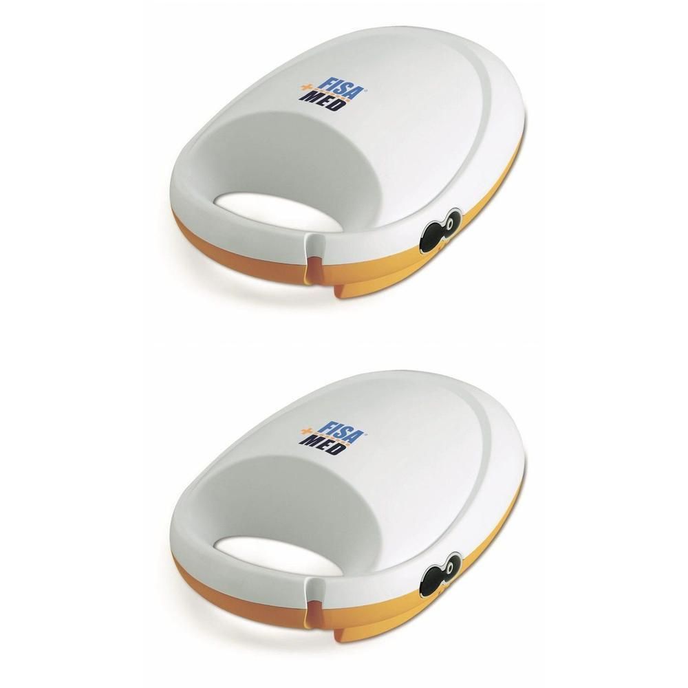 Deux inhalateurs compresseurs blancs avec bordure orange et logo Fisa Med.