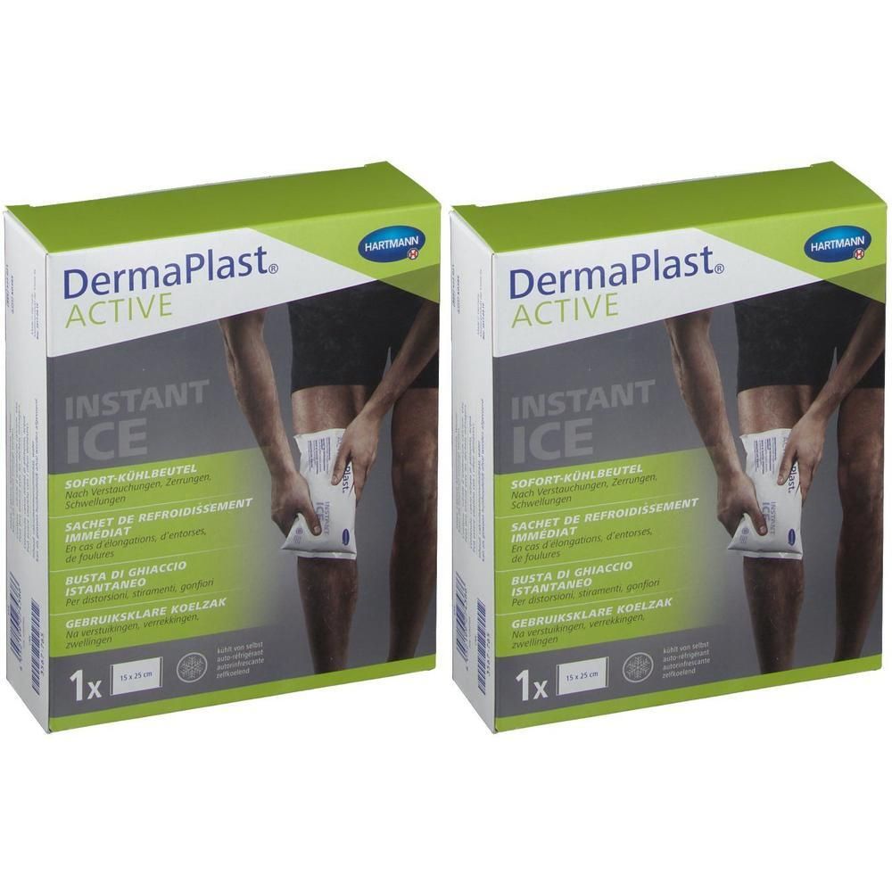 Twee pakken Hartmann DermaPlast Active Instant Ice cold packs. Toont een persoon die een pak op de knie houdt.