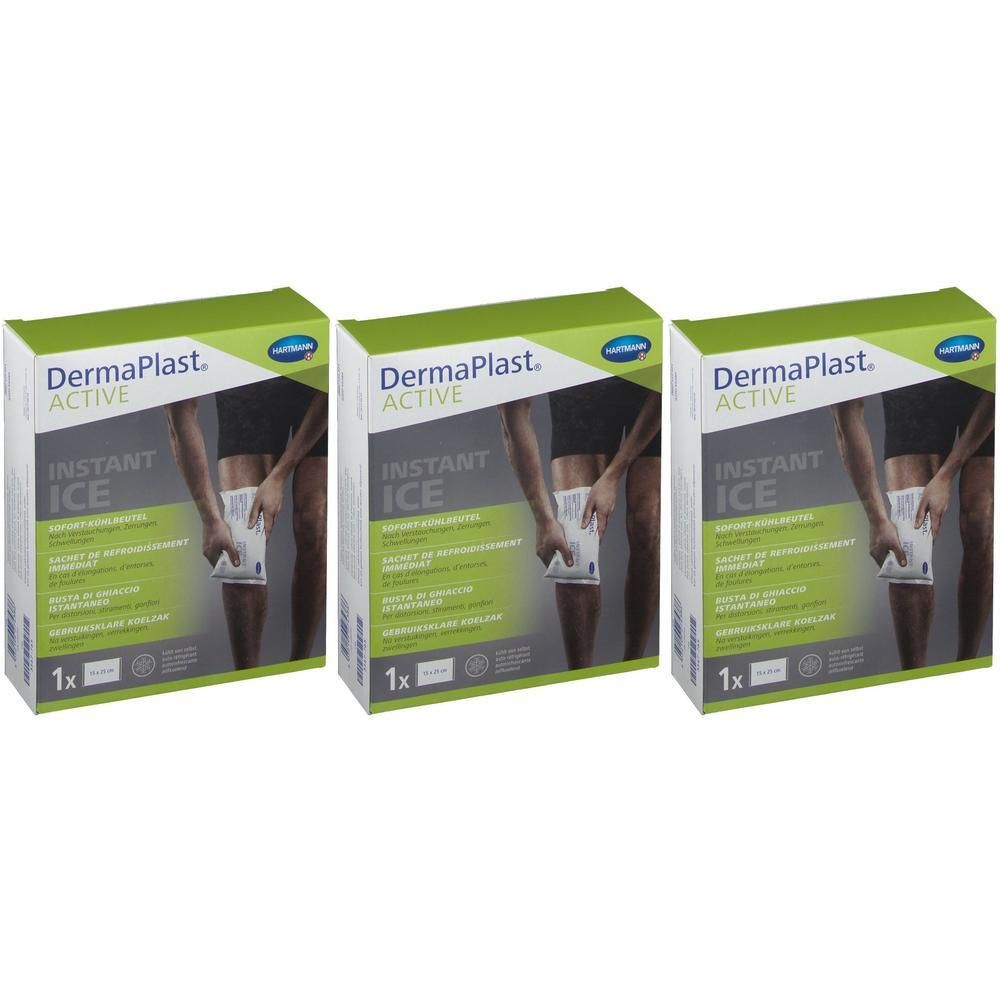 Trois paquets de compresses froides instantanées Hartmann DermaPlast Active.