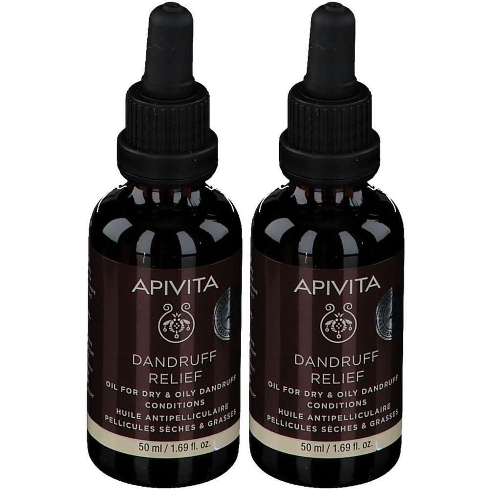 Deux flacons d'huile Apivita Dandruff Relief, 50 ml chacun.