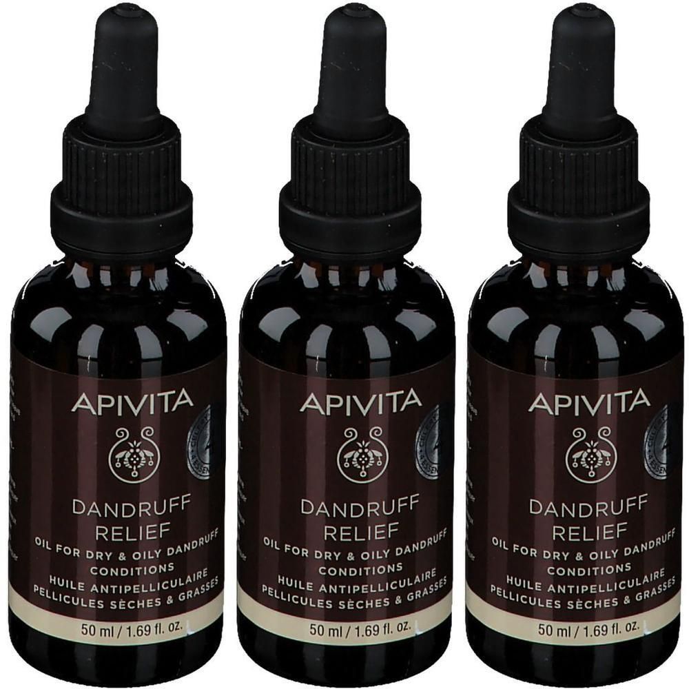 Drie flessen Apivita Dandruff Relief olie met druppelaar. Donker glas, 50 ml.