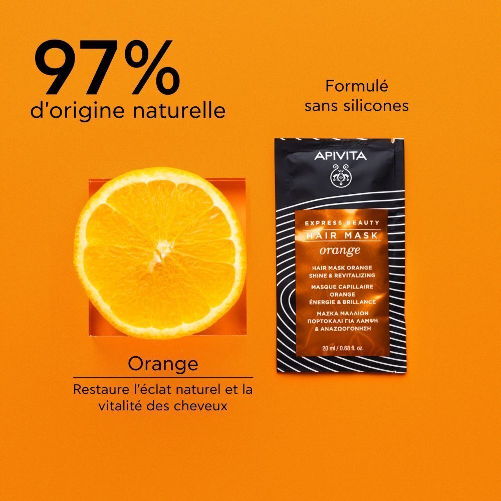 Sachet de masque capillaire Apivita Express Beauty Orange avec tranche d'orange.