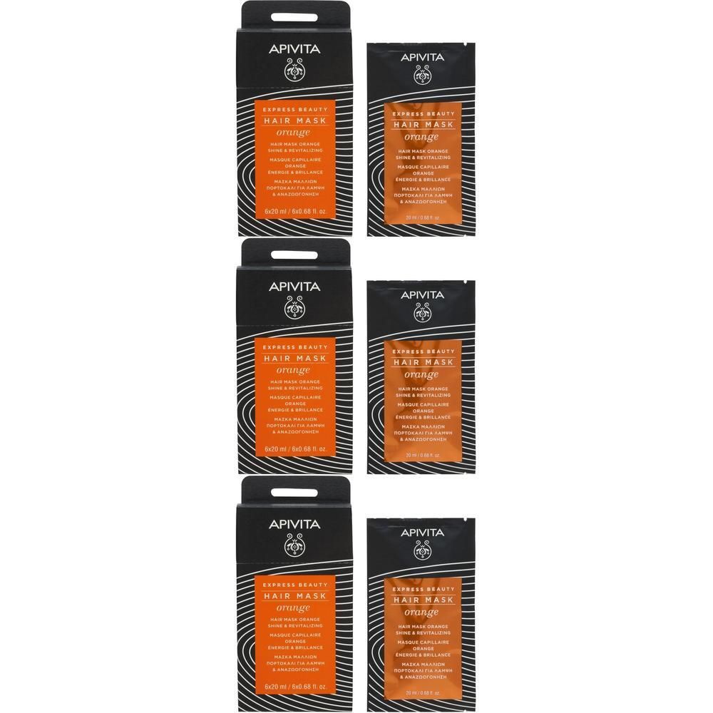 Trois paquets de masque capillaire Apivita Express Beauty Orange.