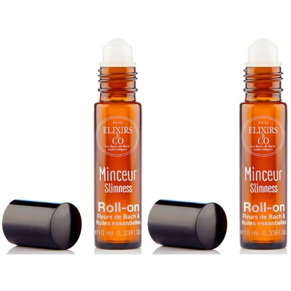 Twee Elixirs & Co Roll-On Minceur flesjes van elk 10 ml, doppen verwijderd.